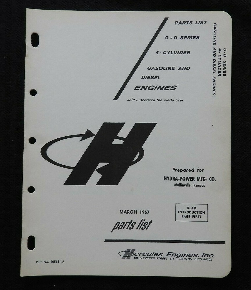 HERCULES G & D SERIES 4-CYLINDER ENGINE HYDRA-POWER MULLINVILLE KS PARTS MANUAL