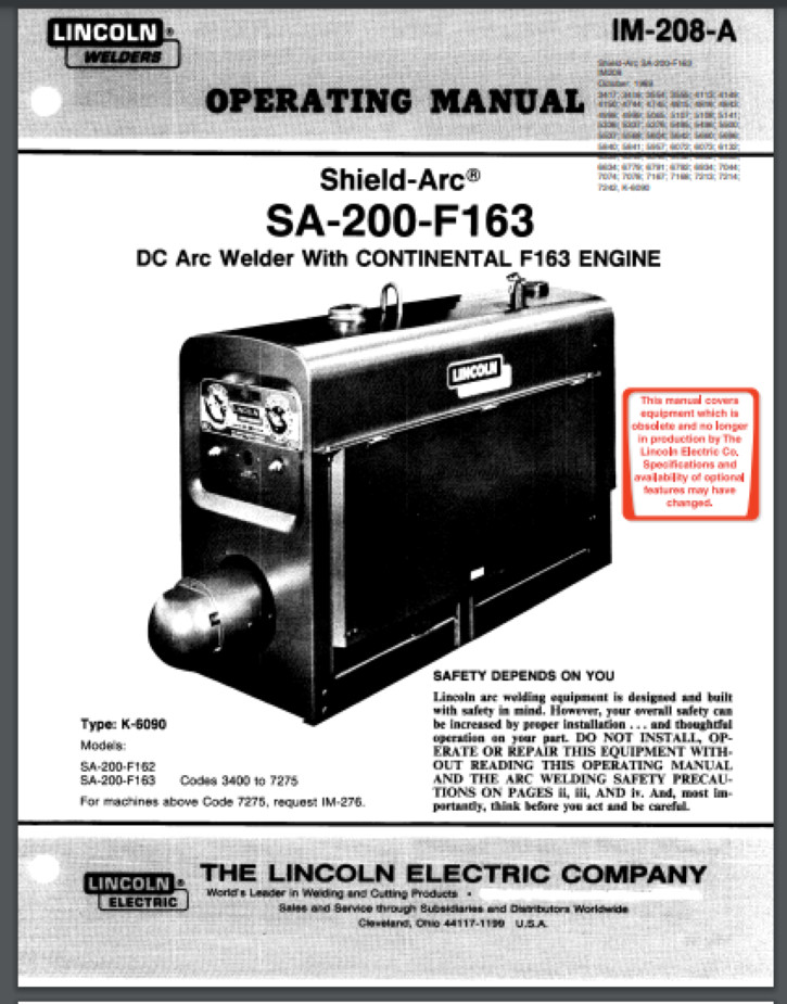 Lincoln SA-200 DC Welder Owner Manual Pipeliner Gas Engine 1969 Comb Bound Gloss