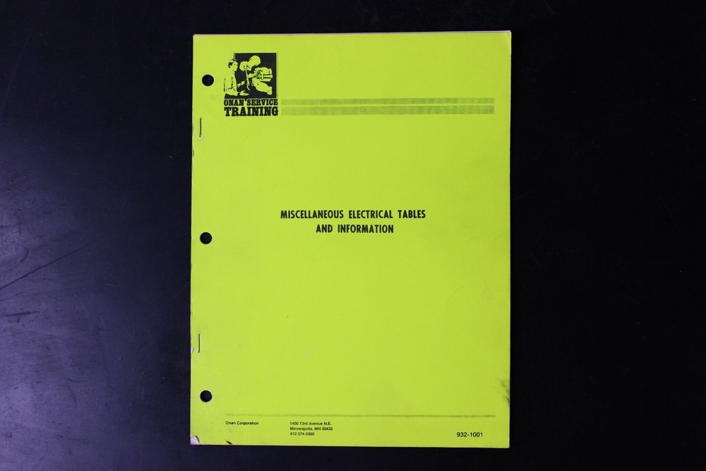 Onan Miscellaneous Electrical Tables and Information Service Training Manual
