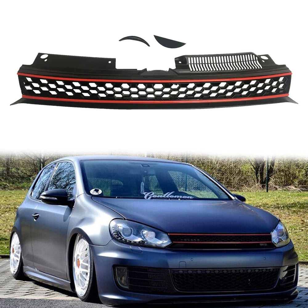 Black Red Trim Hex Mesh Grille 2010-2014 Volkswagen GTI Jetta Golf