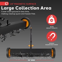 Pyle 24” Rolling Magnetic Sweeper with Adjustable 24-Inch, Black and Orange