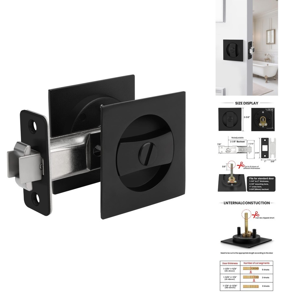 Goldenwarm Matte Black Square Pocket Door Lock Pocket Door Hardware For 2-1/8