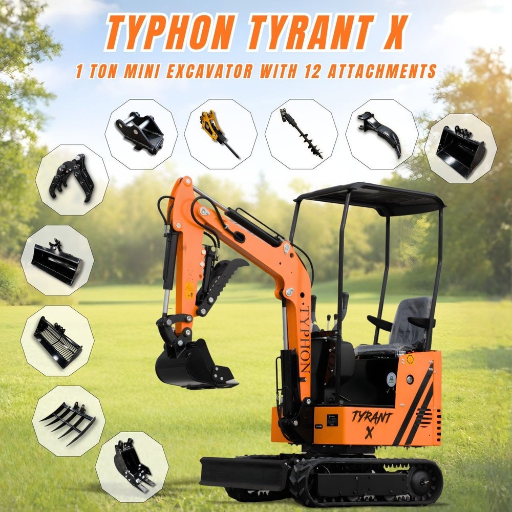 Free Ship TYPHON TYRANT X 1Ton Mini Excavator USA 13.5HP include 12 Attachments