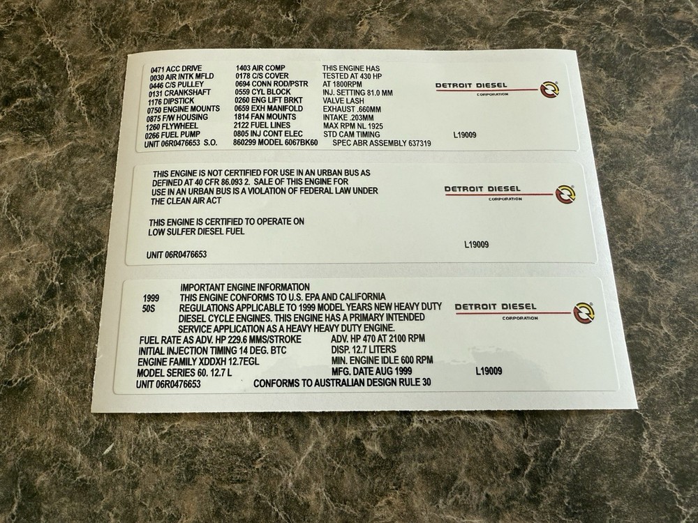 1999 12.7 Detroit Diesel Series 60 Engine Sticker For Offroad Use Only