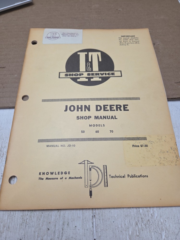 John Deere 50 60 70 Shop Service Manual JD-10 Implement & Tractor Vintage