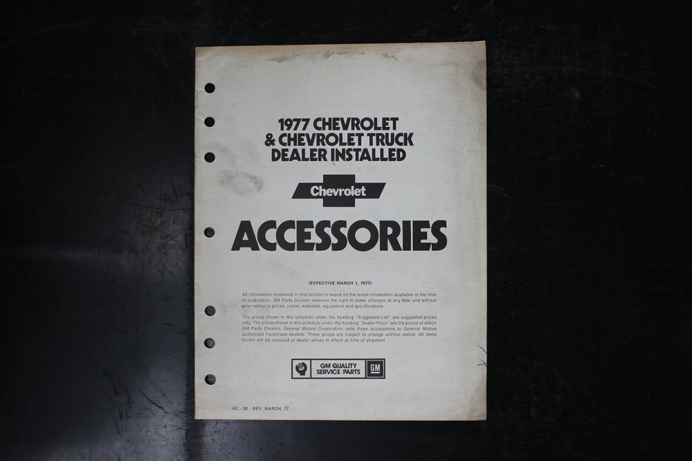 Chevrolet 1977 Truck Car Dealer Installed Accessories Manual AC 20