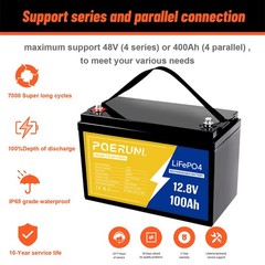 POERUNI 12.8V 1280Wh 100Ah LiFePO4 Lithium Battery Deep Cycles Built-in BMS NEW