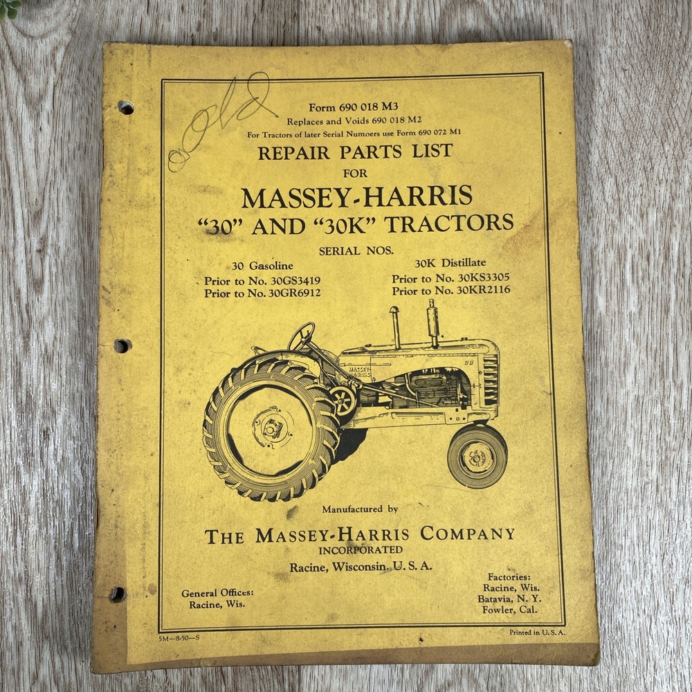 Old Massey-Harris 30 & 30K Tractors Repair Parts Book