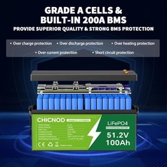 Bluetooth LiFePO4 51.2V 100Ah Lithium Battery with BMS 5120Wh + 48V 20A Charger