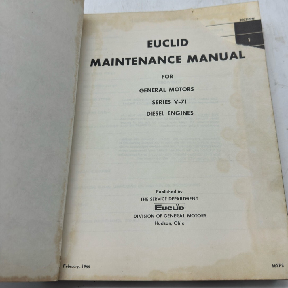 1966 Euclid GM V-71 Series Diesel Engines Maintenance Manual SKU Y