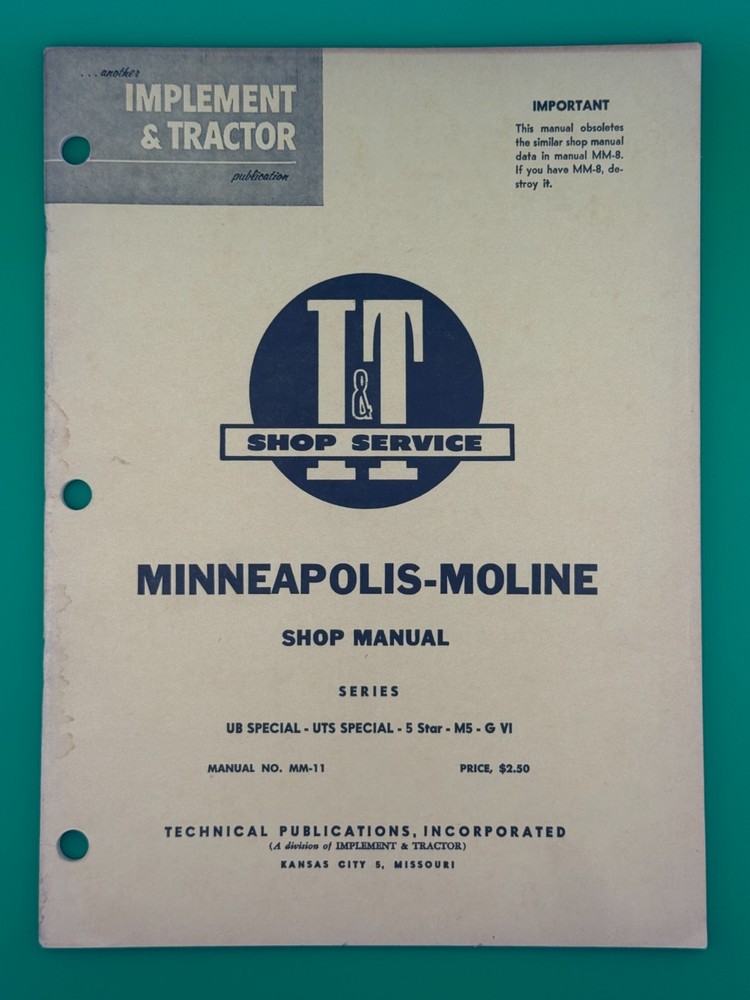 Minneapolis Moline MM-11 Shop Manual UB Special UTS Special 5 Star M5 G VI