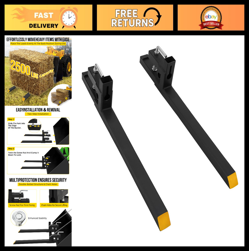 Heavy Duty 2500lbs Clamp-On Pallet Forks for Tractor Loader & Skid Steer, Quick