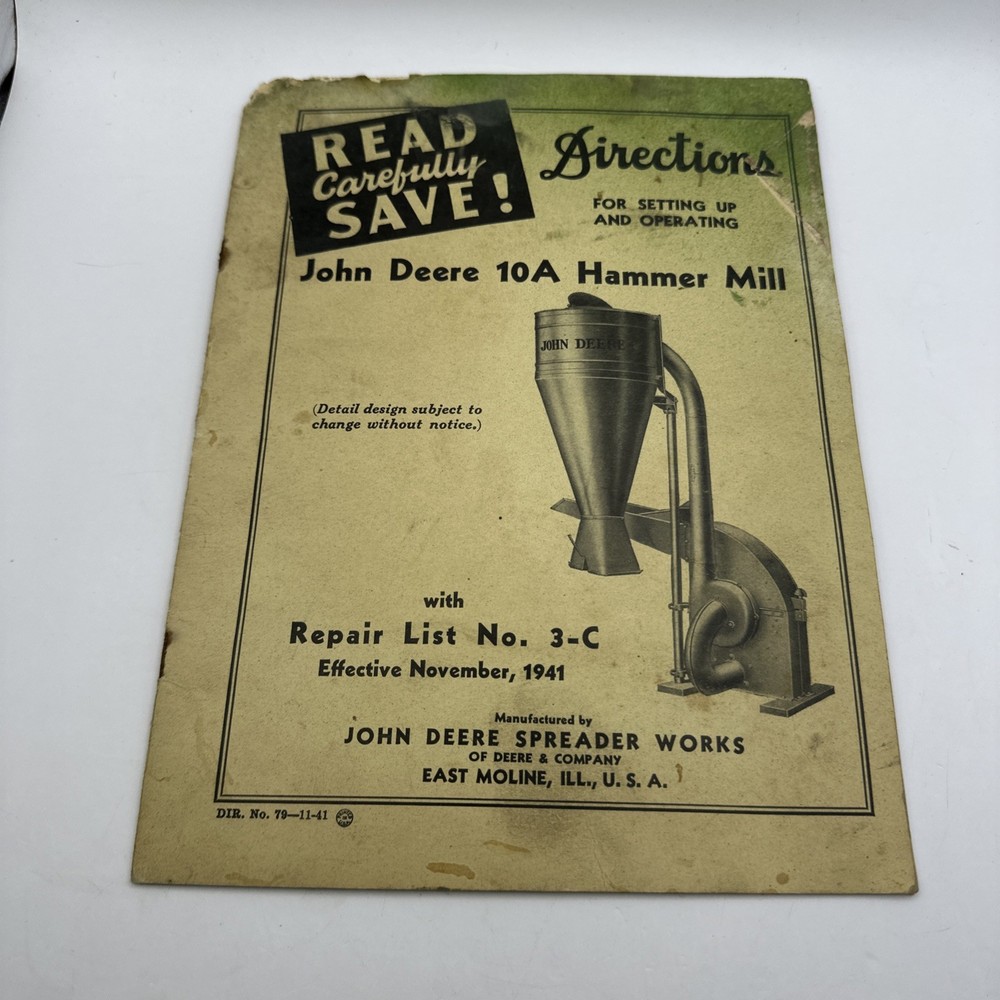 Original 1941 John Deere 10A Hammer Mill Directions & Repair List Manual 3-C