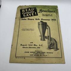 Original 1941 John Deere 10A Hammer Mill Directions & Repair List Manual 3-C