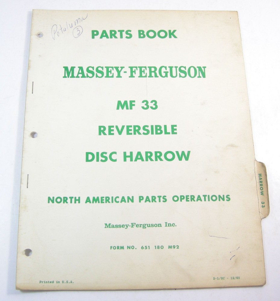 Massey Ferguson MF 33 Reversible Tandem Disc Harrow Parts Manual Book List