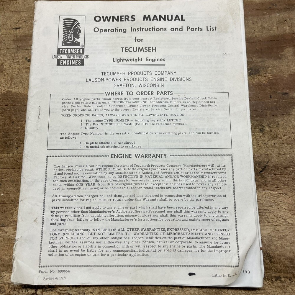 VINTAGE Tecumseh Engine Owners Manual LAUSON POWER PRODUCT PARTS DEPOT CARB PART