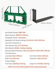 VEVOR Pallet Fork Frame Attachment with 36-inch Skid Steer Forks for JD Tractors