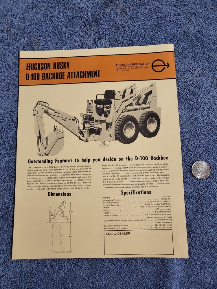Vintage 1960s? Erickson Husky Skid Steer Loader BROCHURE D100 BACKHOE ATTACHMENT