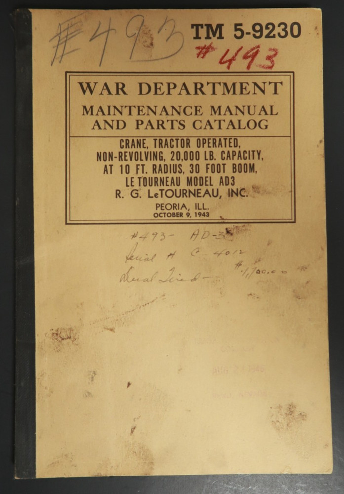 TM 5-9230 Maintenance Manual Book Crane Tractor War Department Parts Catalog