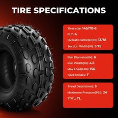 145/70-6 Go Kart Mini Bike Tires for CC100X CT100u 4-Ply Tubeless Set of 2