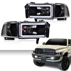 LED Strip Headlamps w/o Bulbs Clear Black Housing Dodge Ram 2500 3500 1994-2002