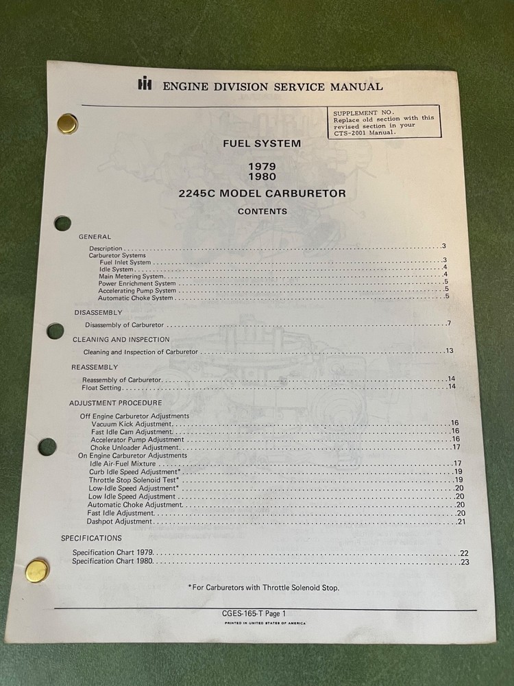 International 2254 Carburetor Service Manual 1979 & 1980 CGES-65-T