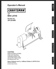 Owners Manual Sears Craftsman 12-inch mini Wood Turning Lathe Model 351.221060