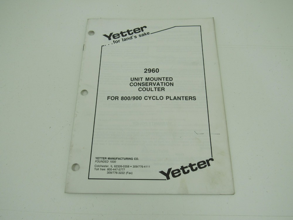 Yetter 2960 Unit Mounted Conservation Coulter 800 900 Cyclo Setup Parts Manual