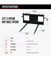 42″ JCT Double Tine Hay Bale Spear Skid Steer Loader Attachment 3000lbs Tractor