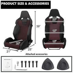 2 Black Suede Burgundy Mesh Reclinable Racing Seats Dual Sliders 4PT Harness