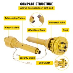 VEVOR PTO Shaft PTO Drive Shaft 1-3/8″x6 Spline w/Slip Clutch Yellow T4 31.5-41″