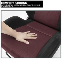 2 Black Suede Burgundy Mesh Reclinable Racing Seats Dual Sliders 4PT Harness