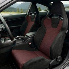 2 Black Suede Burgundy Mesh Reclinable Racing Seats Dual Sliders 4PT Harness