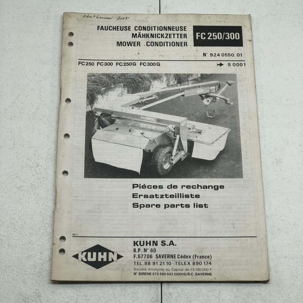Kuhn FC250 FC300 FC250G FC300G Mower Conditioner Spare Parts Manual