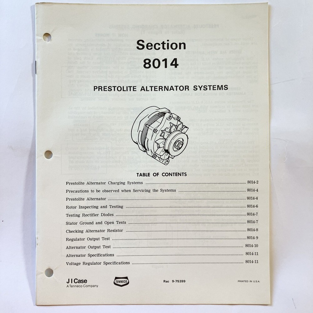 JI Case Prestolite Alternator Systems Manual 1974 Vintage Original OEM