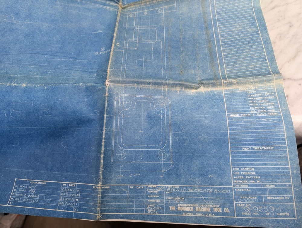 MONARCH MACHINE TOOL ROUND TEMPLATE ASSEMBLY DRAWING PRINT EE LATHE Q-9559-1