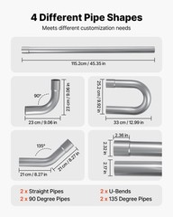 Exhaust Pipe, 8 Pcs 2.25 Inch Mild Steel DIY Custom Exhaust Tubing Straight & U-