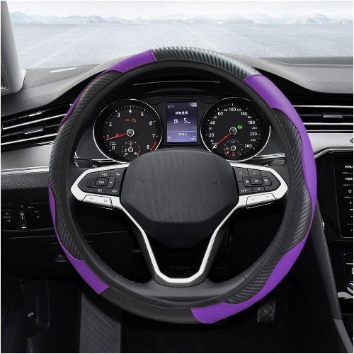 15 Inch Carbon Fiber Leather Steering Wheel Cover, Anti-Slip Bre Color: Purple