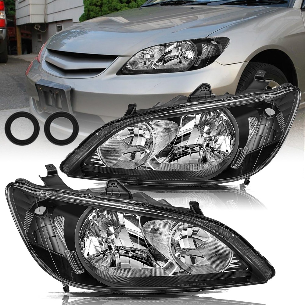 Headlight Set for 2004-2005 Civic Sedan Coupe Halogen Black Clear Left Right