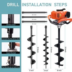 62CC 2.1KW Gas Post Hole Auger Digger W/ 3 Bits (3″ 5″ & 8″)+3 Rods(24″24″24″)