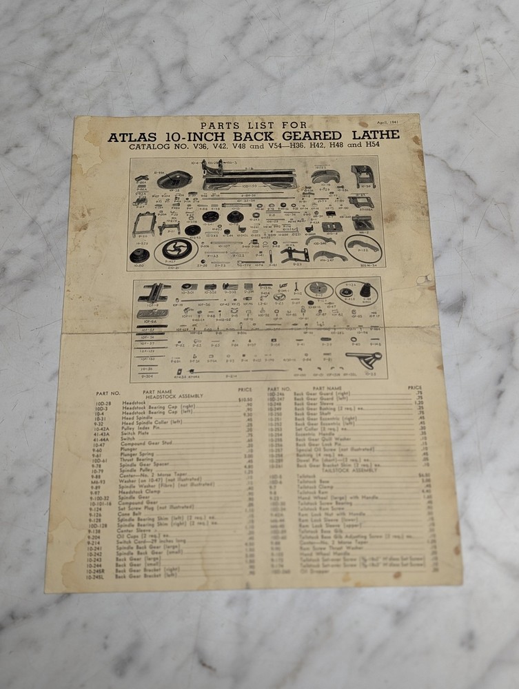 ATLAS 10-INCH BACK GEARED LATHE CATALOG NO V36 V42 V48 V54 H36 H42