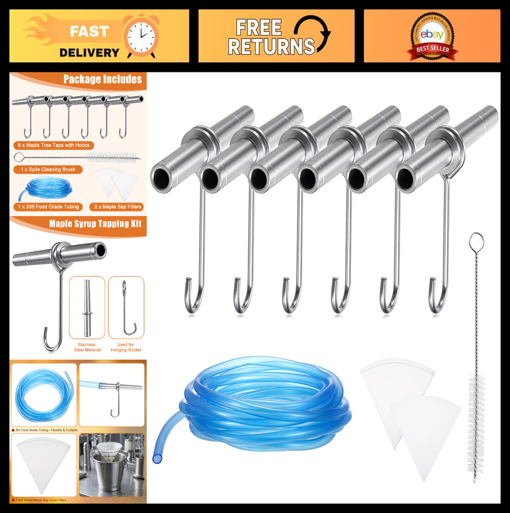 Maple Syrup Tapping Kit – 6 Stainless Steel Tree Taps, 2 Sap Filters, 20FT Tube