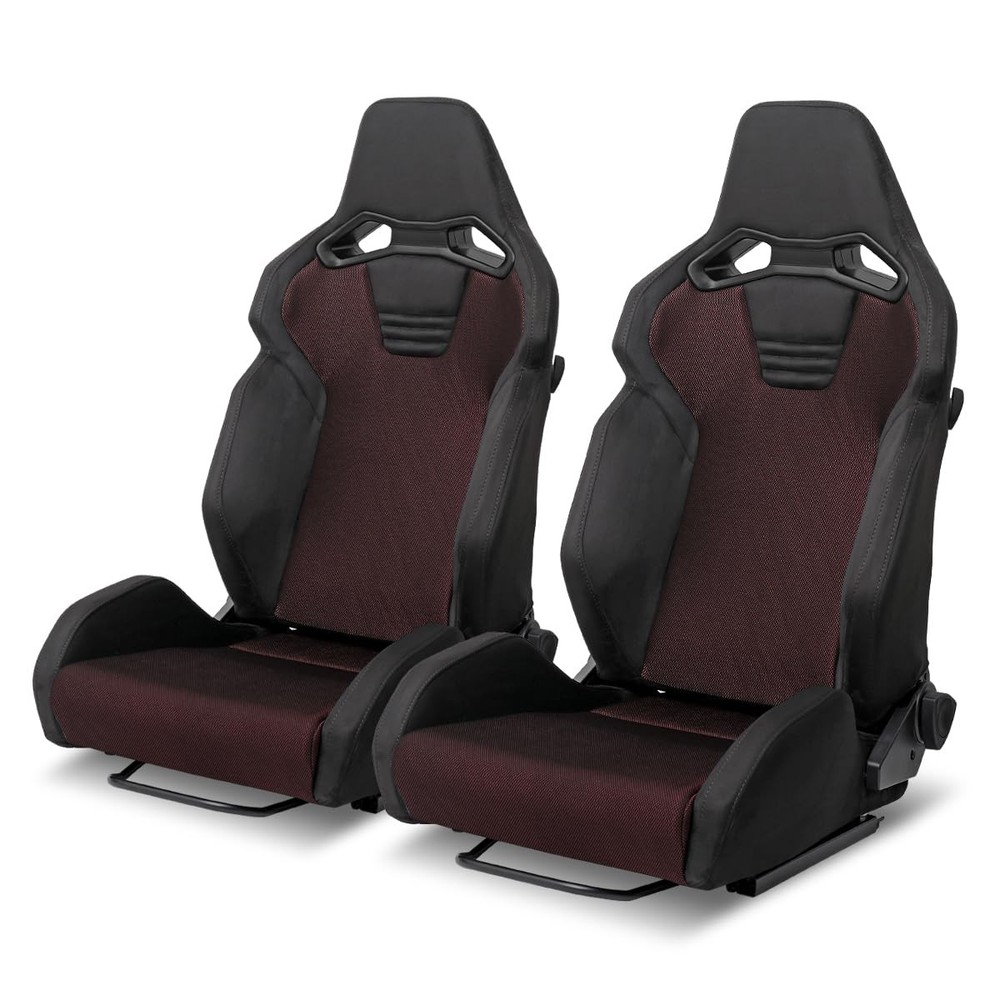 2 Black Suede Burgundy Mesh Reclinable Racing Seats Dual Sliders 4PT Harness