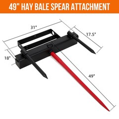 49″ Hay Spear Bale Spear 4000lbs Skid Steer Loader Tractor Bucket Attachment