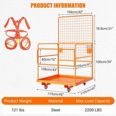 45 x 43 in Forklift Cage, Max. 2200 LBS Forklift Man Basket with Harness & Wheel