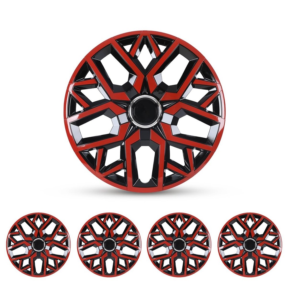 16 Inch Universal Hubcaps Snap On Steel Rims Set 4 Black Red Lacquer
