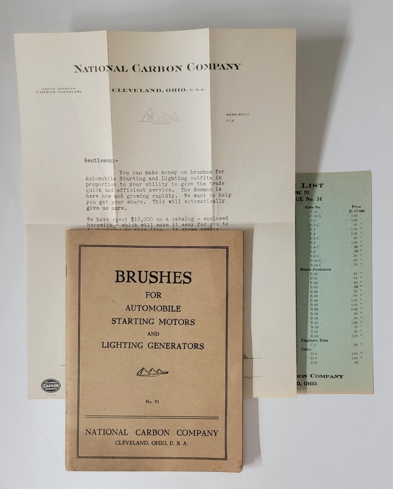 NATIONAL CARBON CO. 1916 CLEVELAND OH. BRUSHES ,MOTORS, GENERATOR ALLIS CHALMERS