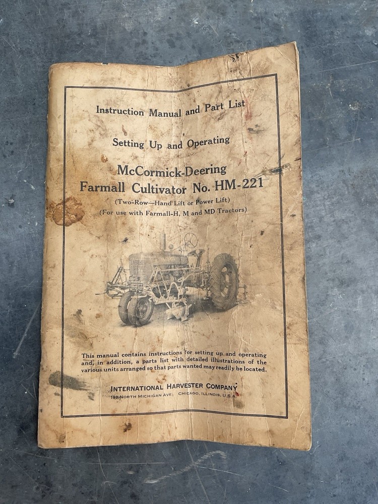 1941 McCormick Deering~Instruction Manual~Farmall Cultivator HM-221.