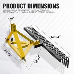 60″ Heavy-Duty Landscape Rake for Tractors, 3 Point Rock Rake with 360° Rotation