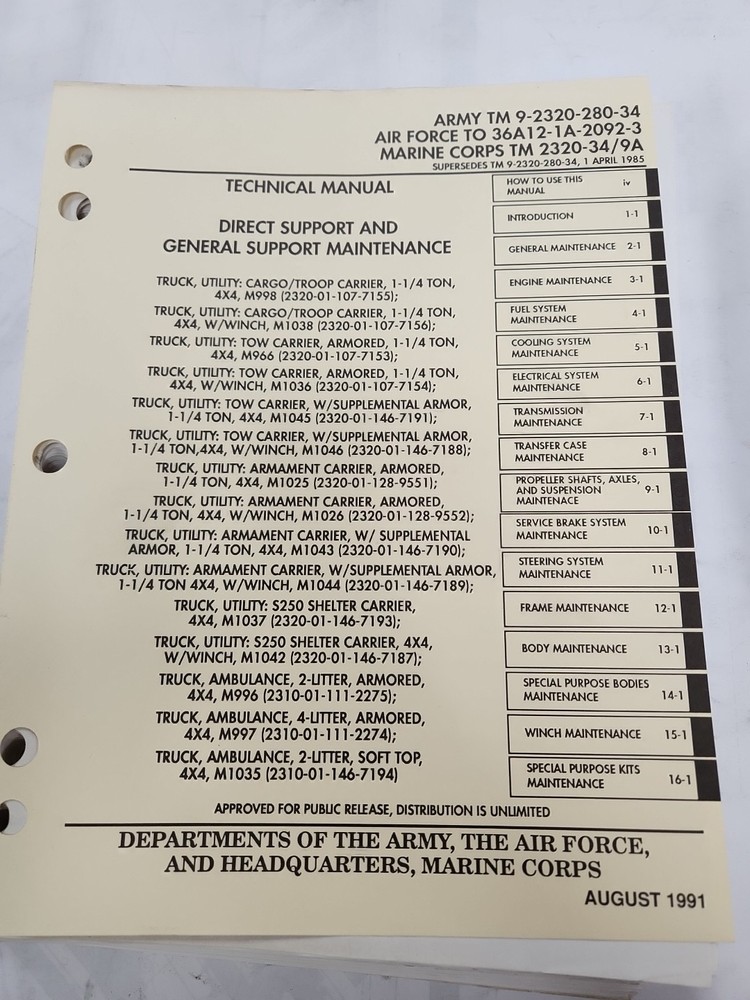 TM 9-2320-280-34 Marines Army Direct Support And General Maintenance Manual 1991